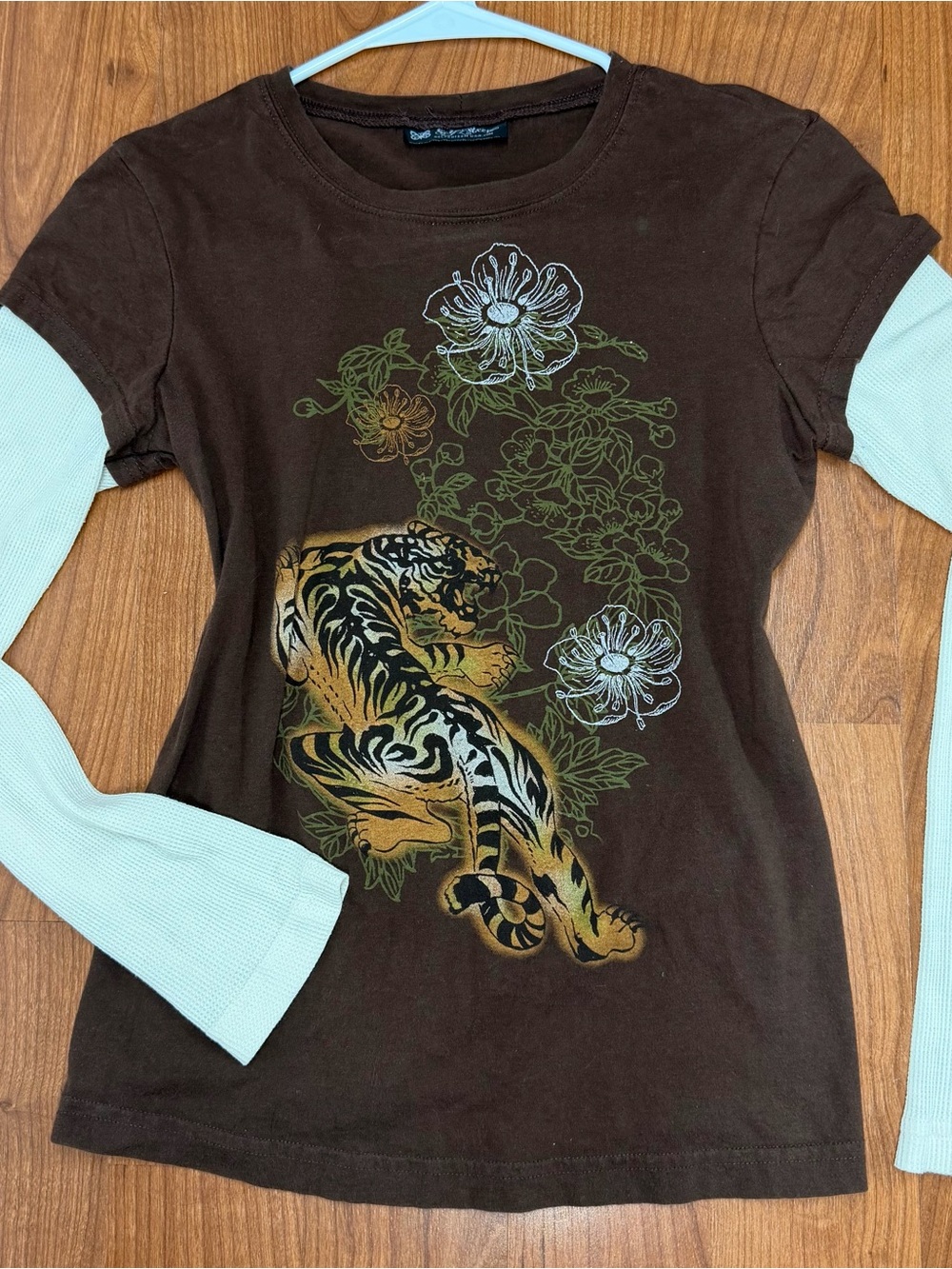 Self Esteem Brown Tiger Floral Layered-Look Short Sleeve Tee with Cream Sleeves